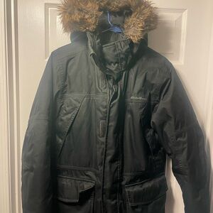 Eddie Bauer Men's Black Puffer Coat with a warm waterproof Fur Hood